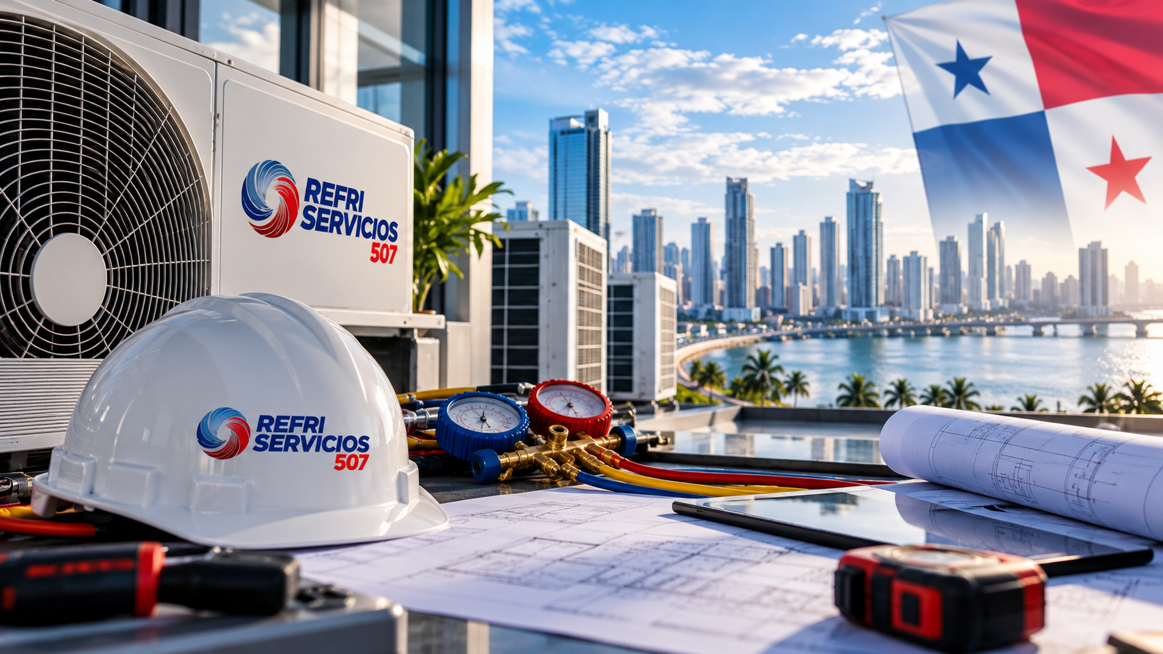 Equipos y herramientas de REFRI SERVICIOS 507 con planos técnicos y vista a la ciudad de Panamá