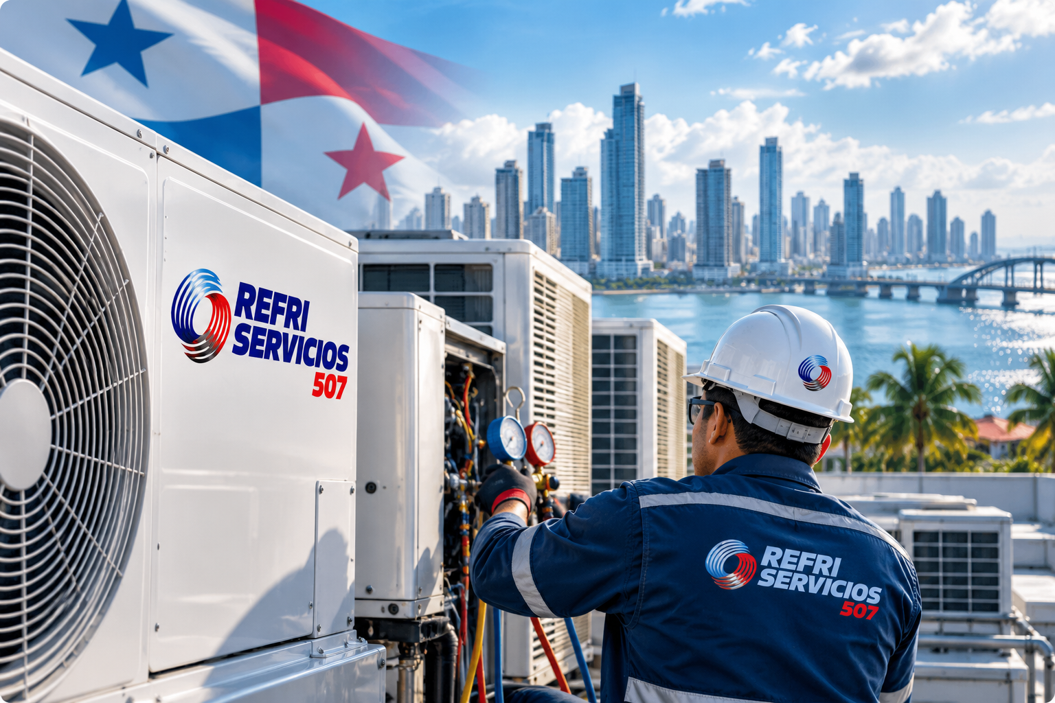 Técnico de REFRI SERVICIOS 507 realizando mantenimiento en azotea con vista a la ciudad de Panamá