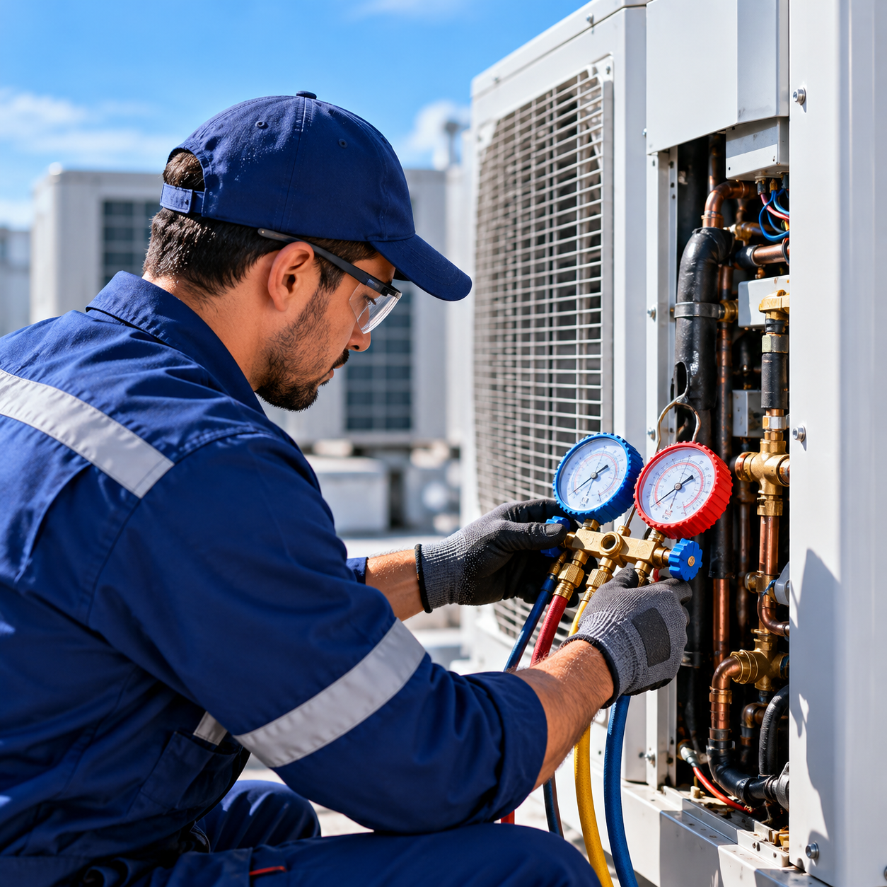 Técnico realizando diagnóstico con manómetros en equipo de refrigeración