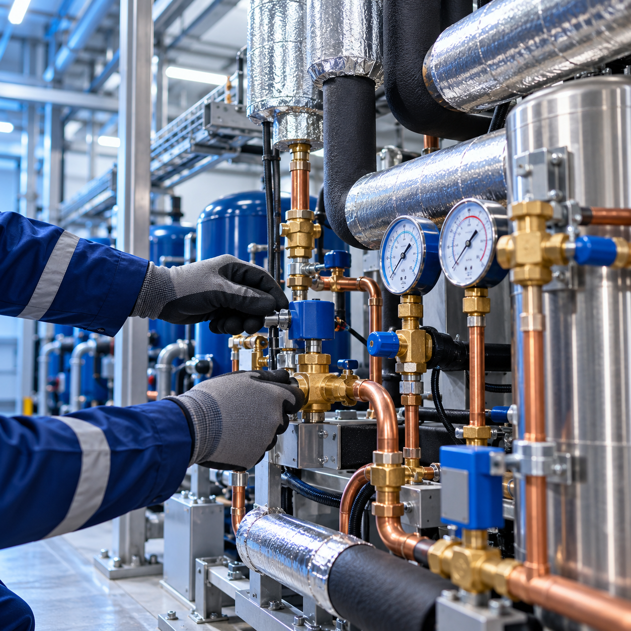 Técnico realizando ajustes en sistema de refrigeración industrial