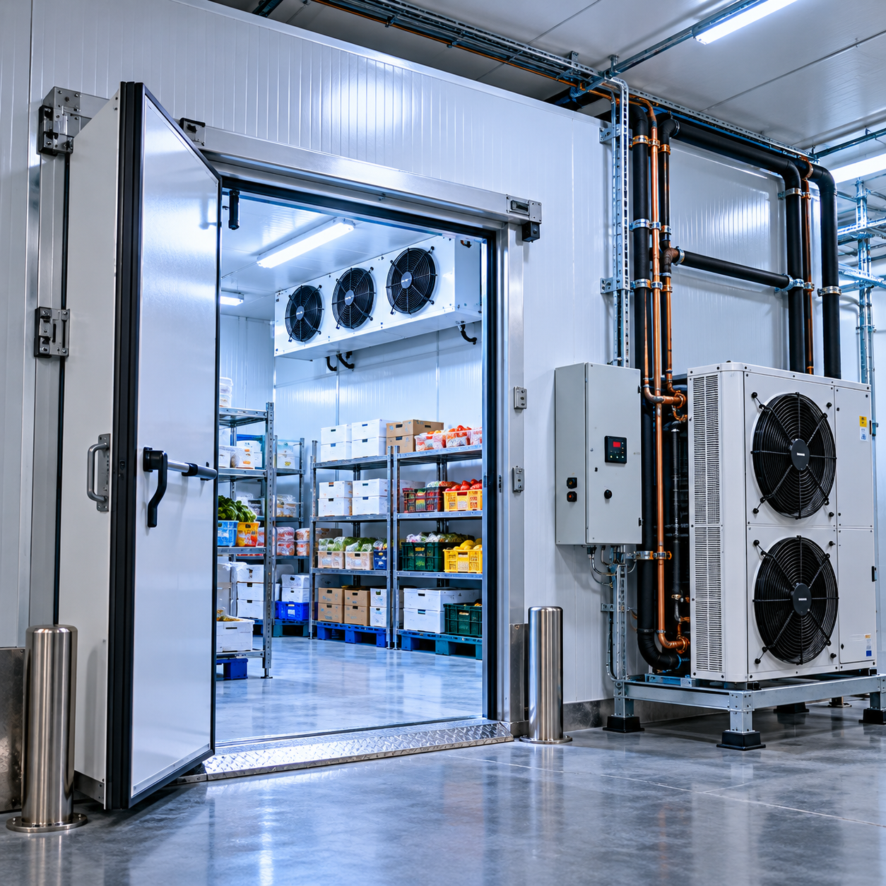 Interior de cuarto frío con estanterías y compresor de refrigeración